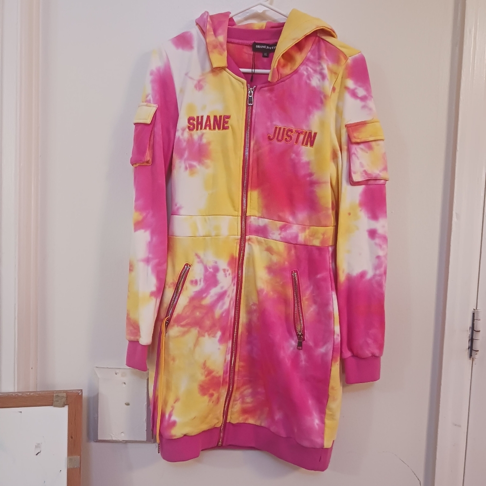 Shane Justin Dress Xl Cotton Full Zipper Tie Dye Pink Yellow Pockets